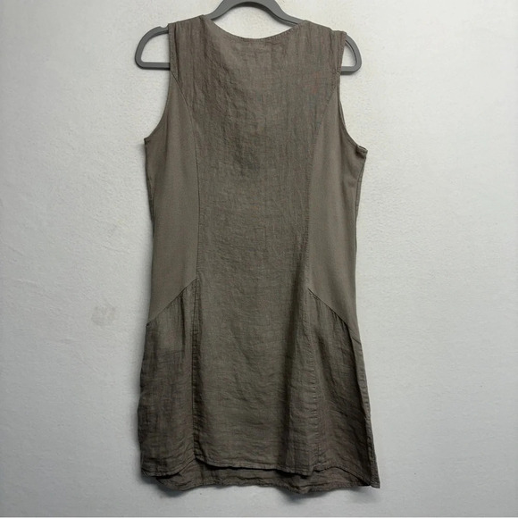 NWT Lina Tomei Gray 100% Linen Sleeveless Dress W/Pockets L Beaded Neck Collar - Picture 4 of 8